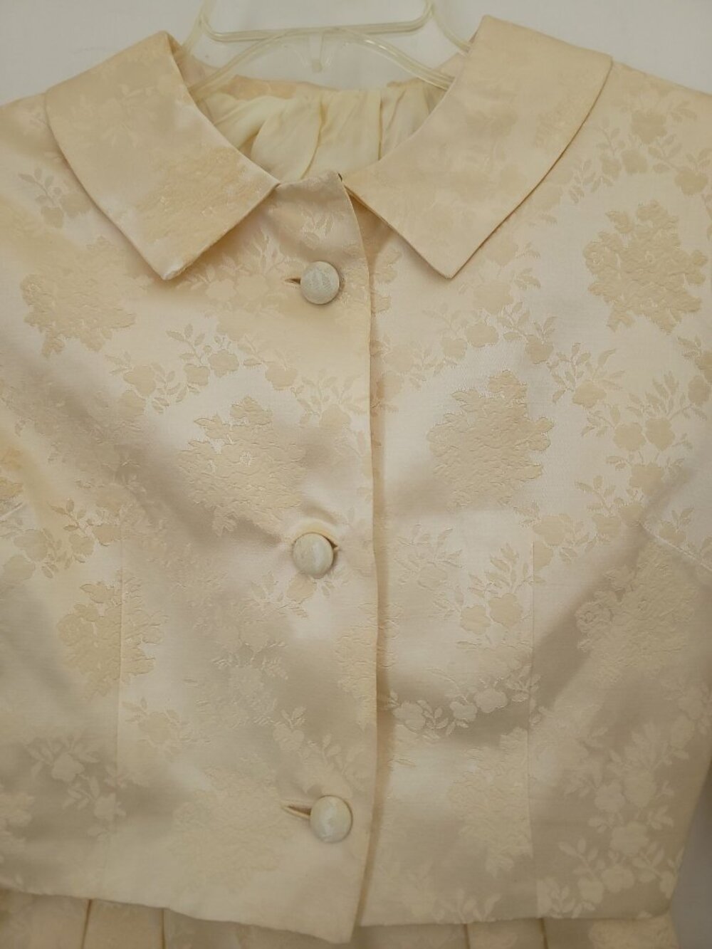 Vintage 50s/60s Ivory Brocade Floral Jacquard Dress & Cropped Jacket Set S/M - Picture 8 of 13